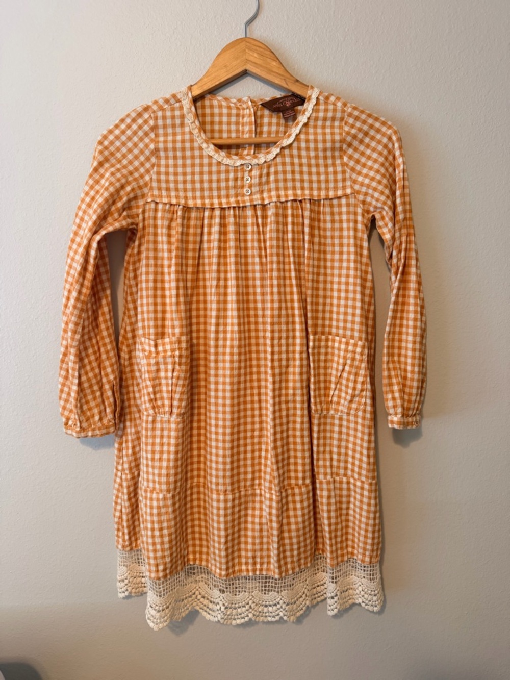 April Cornell apricot orange Gingham Long-Sleeve Dress with Crochet Trim